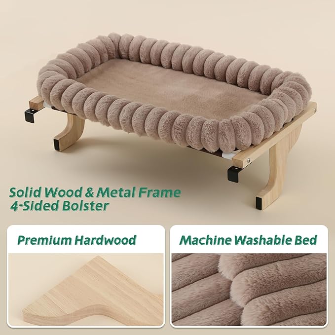 Zakkart SnugCloud Cat Window Perch with 4-Sided Bolster - Orthopedic Cat Hammock for Window Sill - Solid Hardwood & Metal Frame - Window Seat for Pets (Natural Color Wood w/Brown Bed, Large)