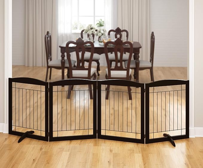 PAWLAND 96-inch Extra Wide Dog gate for The House, Doorway, Stairs, Freestanding Foldable Wire Pet Gate, Set of Support Feet Included (Espresso, 30" Height-4 Panels)