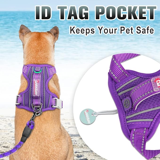 BARKBAY No Pull Dog Harness Large Reflective Dog Harness with Front Clip and Easy Control Handle for Walking Training Running with ID tag Pocket(Purple,M)