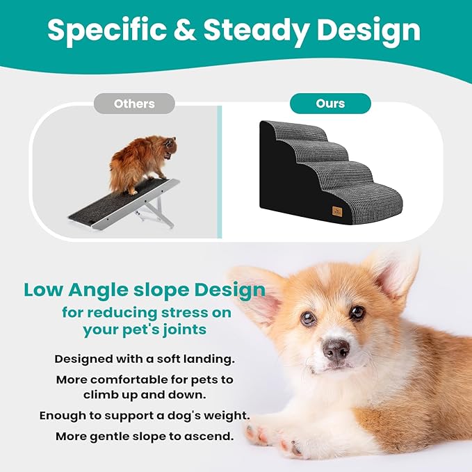 Dog Stairs for Small Dogs, 20.5" H 4 Step Curved Dog Ramp for High Bed and Couch, Foam Dog Ramp with Durable Non-Slip Waterproof Fabric Cover, Pet Stairs for Pets Joints, Grey