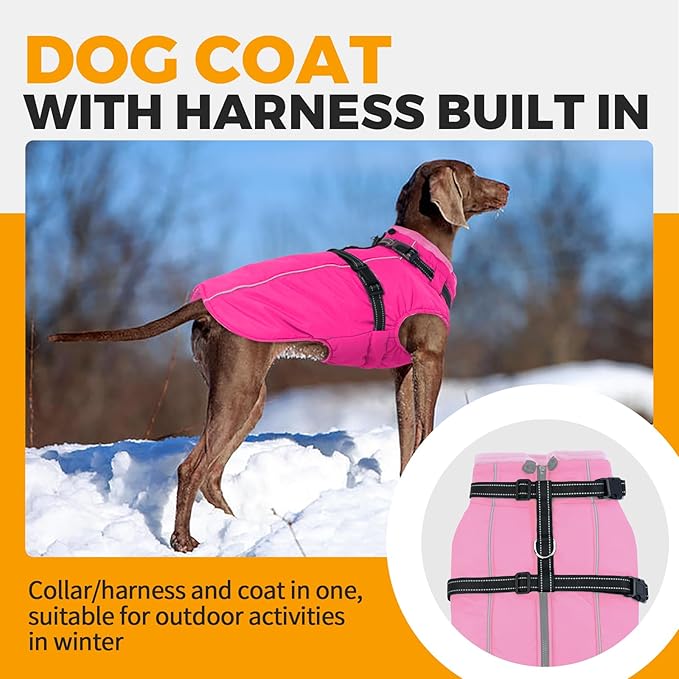 Lelepet Dog Winter Coat Waterproof Dog Jacket with Harness Built in Windproof Reflective Pet Coats for Small Medium Large Dogs, Thermal Fleece Lined Coats for Cold Weather Walking Hiking, Rose Red, XL