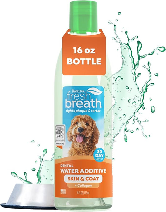 TropiClean Fresh Breath Water Additive for Dogs with Collagen, Skin Health Support for Dogs, Breath Freshener and Teeth Cleaning Solution, 16oz.