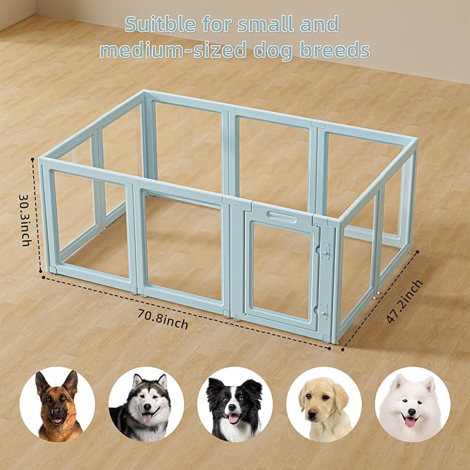 DIY Clear Acrylic Dog Playpen House,Quick Easy Assembly and Disassembly,Strong Floor Suction,Indoor and Outdoor Use,Easy Cleansing Puppy Fence (Sky Blue, 30.3" H, 12PCS)
