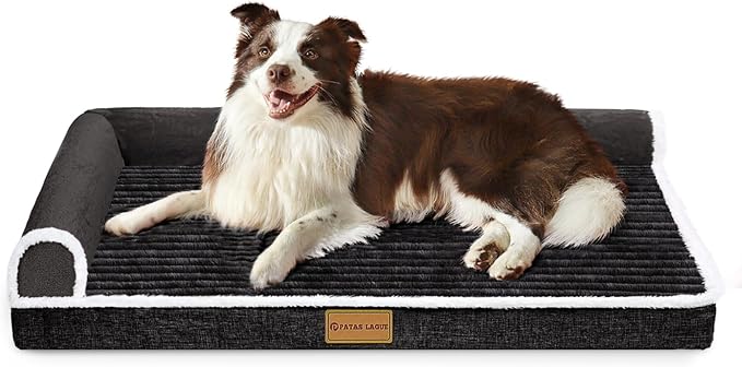 Patas Lague Orthopedic XL Dog Bed Large Sized Dog 48''X30'', Waterproof Comfortable L Bolster Big Extra Large Non-Slip Soft Warm Pet Crate Bed Sleep Sofa mat with Removable Washable Cover, Black