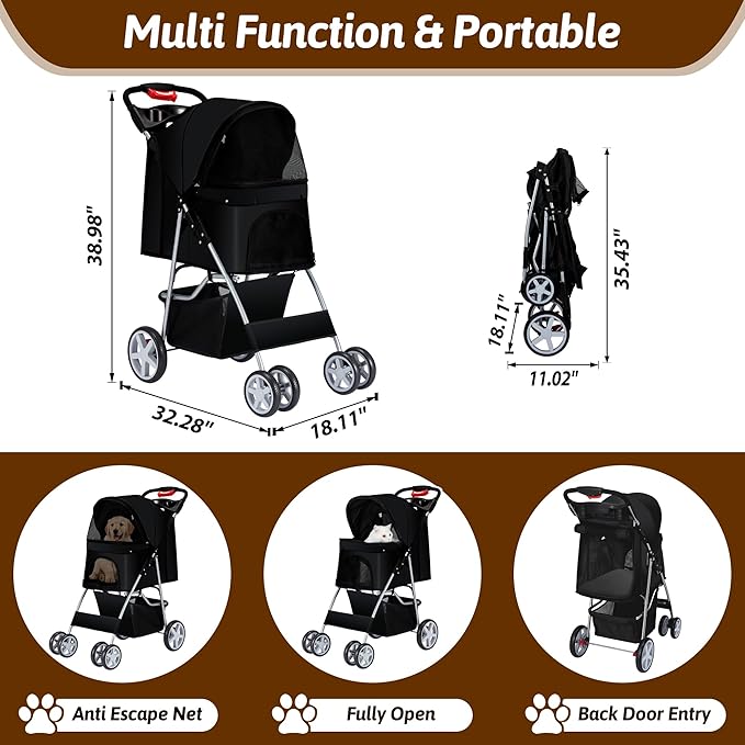 Pet Stroller, 4 Wheels Pet Strolling Cart for Medium/Small Dogs and Cats, Foldable Cat Jogger/Dog Stroller with Cup Holder, Storage Basket, Breathable Mesh, All-Season Pet Carrier, Black