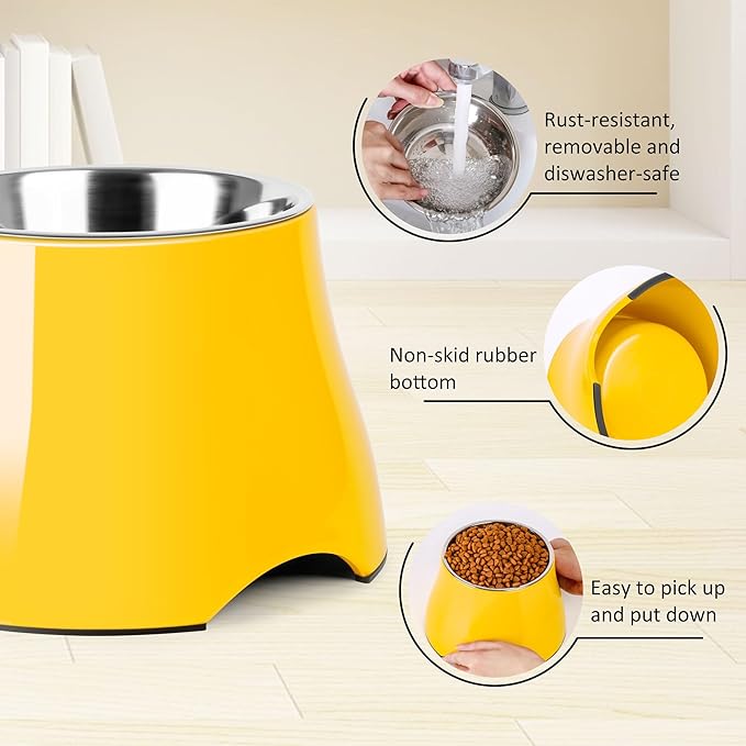 Dog Bowls,Cone Friendly Non-Slip Single Dog Bowl with Stainless Steel Inner, Raised Bowls for Small and Medium Dogs Spaniel Dogs Long Ear, High Capacity, L/3 Cups Yellow