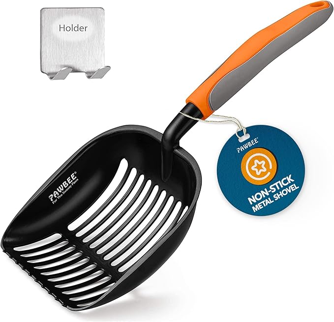 PAWBEE Metal Cat Litter Scoop, Premium Non-Stick Cat Litter Scooper with Holder, Deep Shovel metal pooper scooper, Long Non-Slip Handle Kitty Litter Scoop, Cat Poop Scooper, Cat Scooper for Litter Box