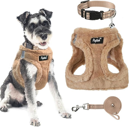 PUPTECK Adjustable Dog Harness Collar and Leash Set Step in No Pull Pet Harness for Small Medium Dogs Puppy and Cats Outdoor Walking Running, Soft Mesh Padded Reflective Vest Harnesses, Khaki S