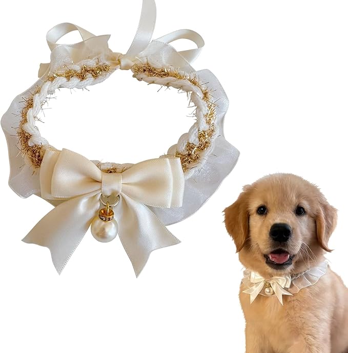 Elegant Lace Cat Collar with Cute Bow,Kitty Necklace with Bow Tie and Pearl,Pet Lace Bib Collar with Cute Bow,Cat Princess Costumes,Golden,1 Piece