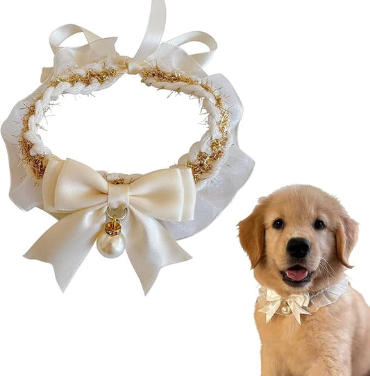 Elegant Lace Cat Collar with Cute Bow,Kitty Necklace with Bow Tie and Pearl,Pet Lace Bib Collar with Cute Bow,Cat Princess Costumes,Golden,1 Piece