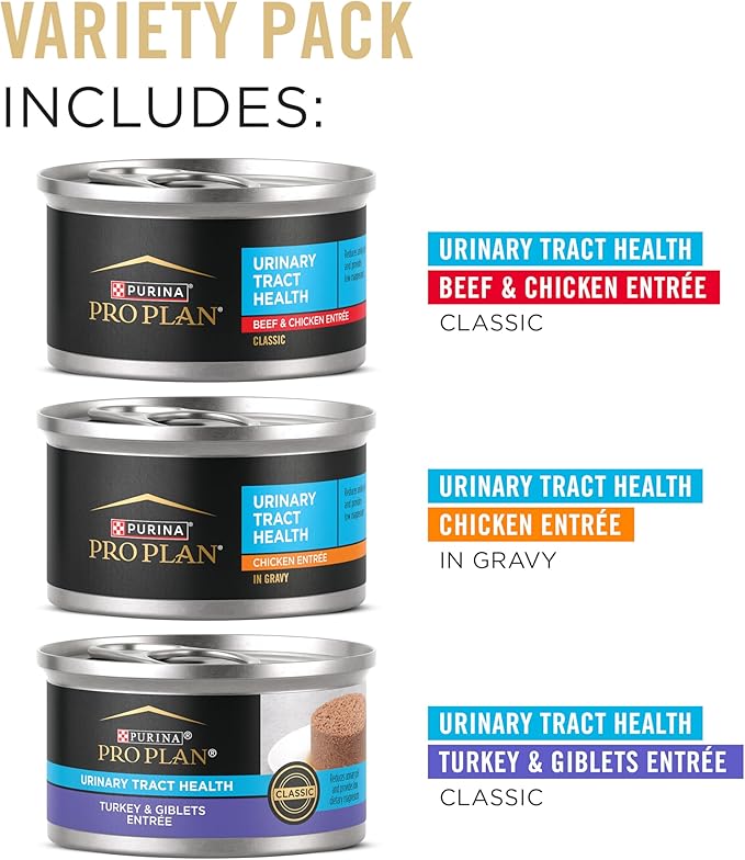 Purina Pro Plan Urinary Cat Food Wet Variety Pack Urinary Tract Health Chicken, Beef and Chicken, and Turkey and Giblets - (2 Packs of 12) 3 oz. Cans