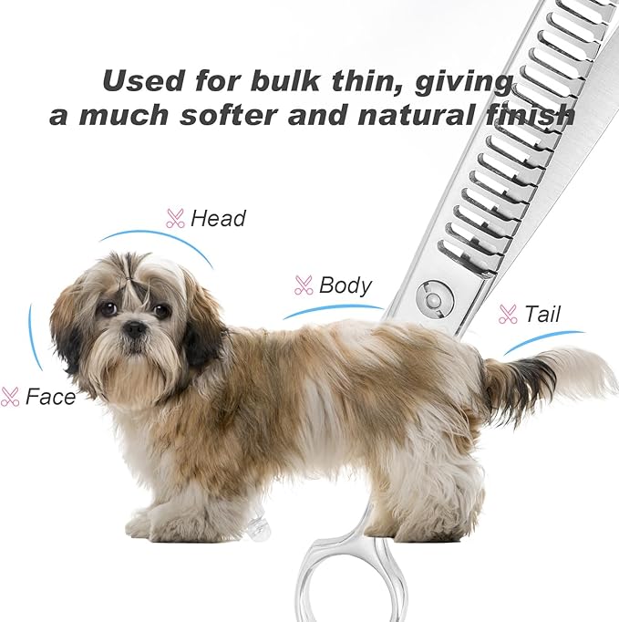 Dog Cat Scissors for Grooming, Pet Shears for Thick Coats and Matted Hair, Thinner Curved Straight Chunker Stainless Steel Shears