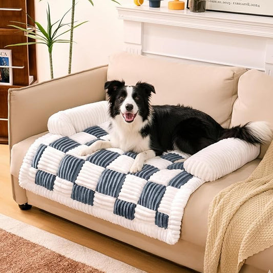 FUNNY FUZZY Pet Couch Covers for Sofa, Large Dog Couch Bed Cover Cream Square Plaid Washable Pet Mat for Furniture Protector Sofa Cover for Dogs, Large, Muted Grey