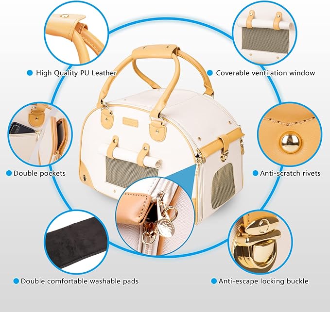 Foldable Premium PU Leather Dog Purse - Portable Pet Carrier Tote Bag for Small to Medium Cats and Dogs (Creamy White - Small)