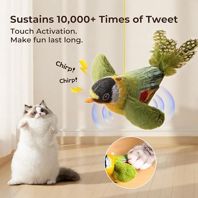 2-pack catnip cat toys that stimulate indoor cats' natural hunting instincts,Interactive plush bird toy with realistic chirping sounds to tease your cat (Green artificial bird + blue artificial bird)