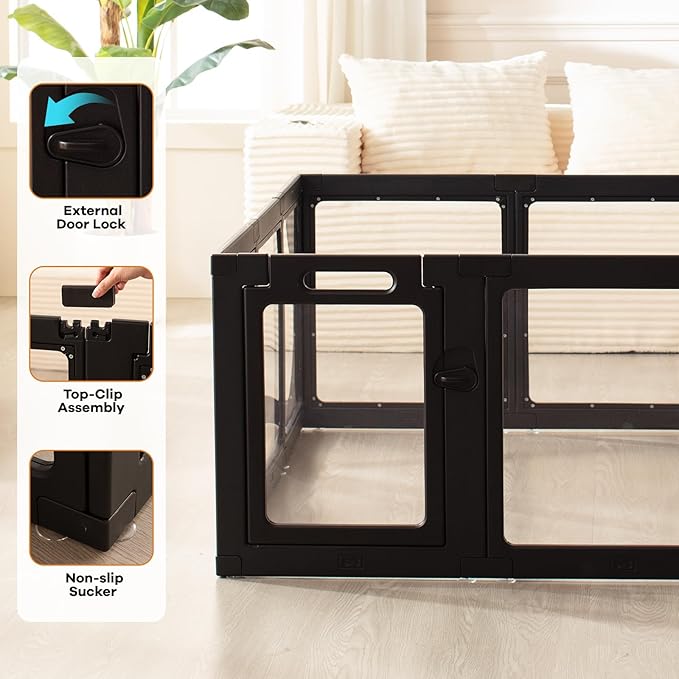 Clear Acrylic Dog Playpen Indoor, Puppy Cat Small Pet Play Pen, Pet Cat Foldable Playpen for Rabbits, Dog Fence Crate Kennel Whelping Cage (Black, 10 Panel)