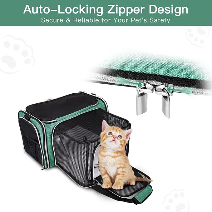 BAGLHER Expandable Cat Carrier with Travel Litter Box, Pet Travel 5 Sides Open Doors 3 Sides, Leak-Proof and Collapsible, for Car, Airplane Trip, Green