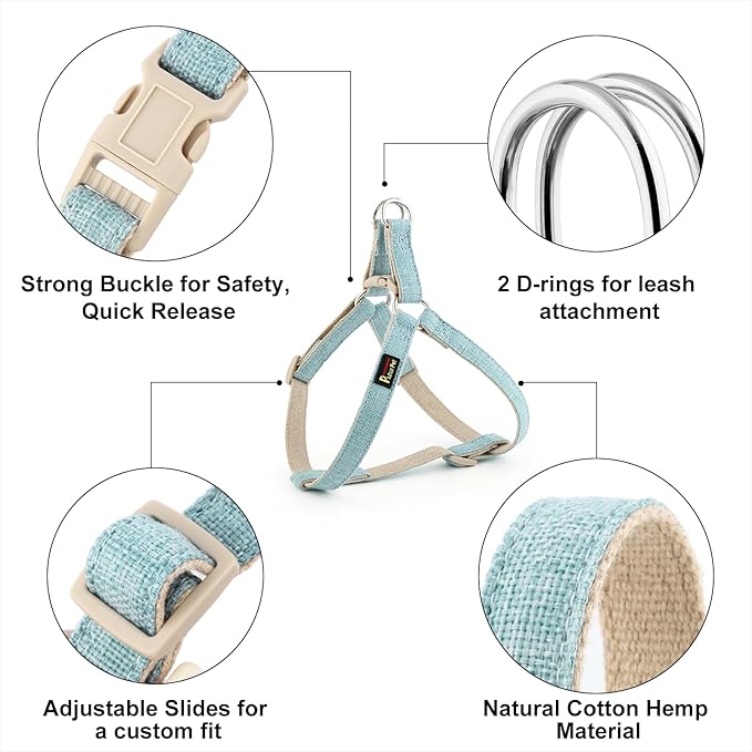 Plutus Pet Cotton Hemp Step in Dog Harness, Sustainable, Lightweight and Escape-Proof, Quick Fit Dog Harness for Puppy Small Medium and Large Dogs, Light Blue, S