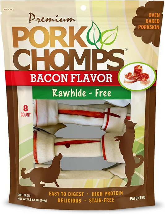 Pork Chomps Baked Pork Skin Dog Chews, 6-inch Knots, Bacon Flavor Strip, 8 Count
