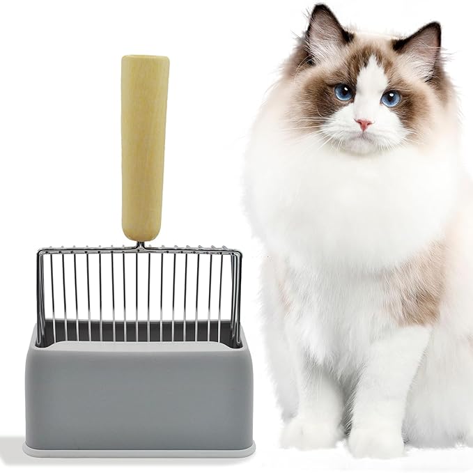 Metal Cat Litter Scooper with Holder,Stainless Steel Litter Scooper with Holder Heavy-Duty Cat Scoop Non-Stick Kitten Poop Deep Shovel for Kitty Box (Grey)