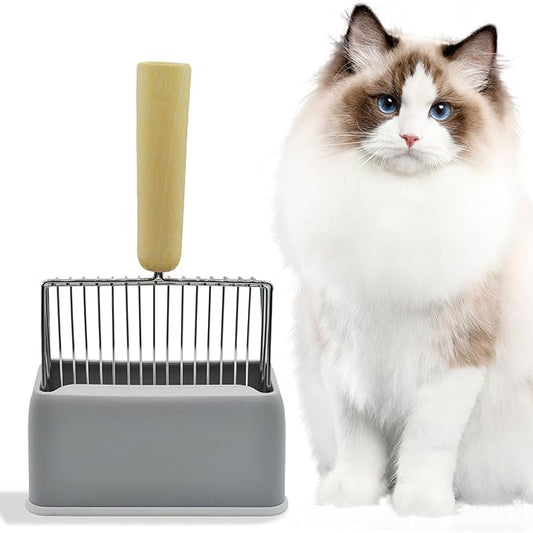 Metal Cat Litter Scooper with Holder,Stainless Steel Litter Scooper with Holder Heavy-Duty Cat Scoop Non-Stick Kitten Poop Deep Shovel for Kitty Box (Grey)