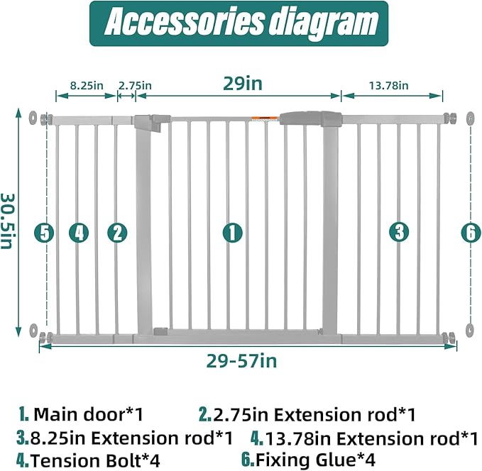 29-57" Dog Gates for Doorways No Drilling, Pet Gate Indoor, 30" Tall Metal Walk-Thru Gate, Easy One-Hand Open, Extensions & Wall Mounts Included (White, 57" W x 30.5“H)