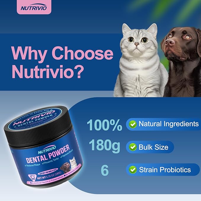 Cat Dog Dental Powder - Dog Teeth Cleaning Powder for Bad Breath Treatment, Plaque Off and Tartar Remover, Healthy Mouth for Dogs with Probiotics, Pet Dental Care - 6.35oz 180g