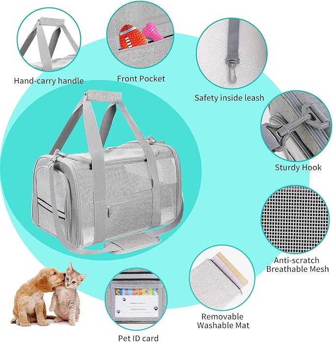 Large Cat Carrier Dog Carrier, Pet Carrier for 2 Cats Large Cats, Dog Carrier for Medium Small Dogs, Collapsible Soft Sided Pet Carrier for Dogs Puppy of 25 Lbs, Grey