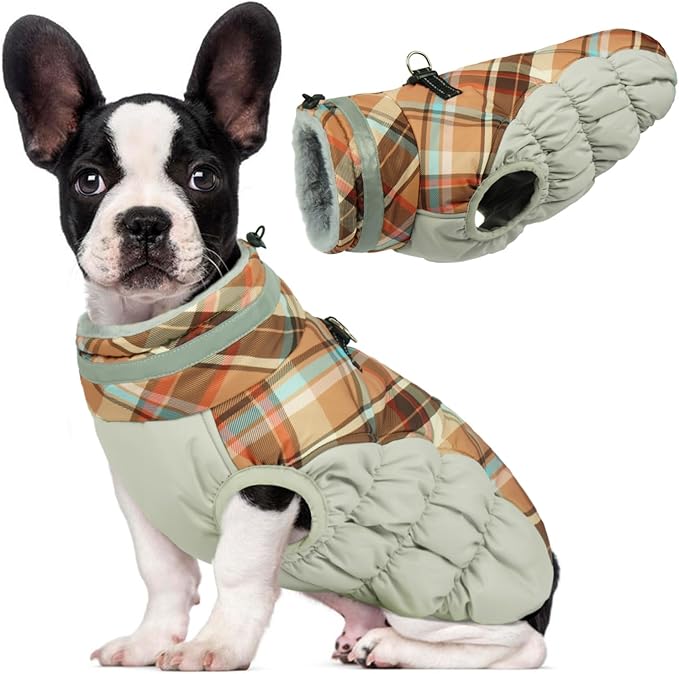 Lelepet Warm Dog Winter Coat Dog Coats for Small Dogs Waterproof Dogs Jacket with Harness Built in Reflective Cold Weather Coats Windproof Zip-Up Winter Fleece Vest Snowsuit Chihuahua Brown Plaid