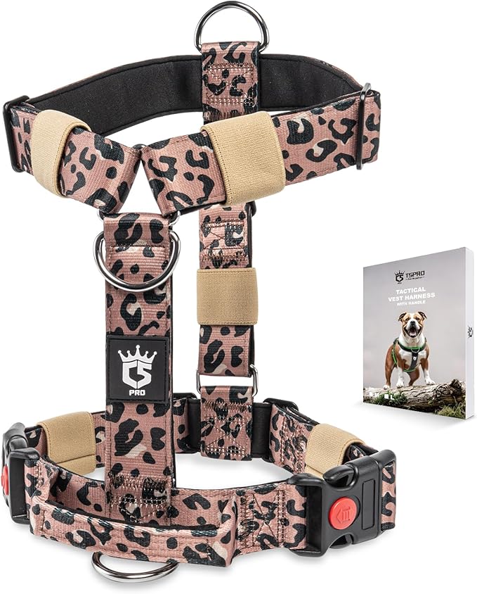 TSPRO Heavy Duty Premium Tactical Dog Harness for Large Dogs, No Pull, Adjustable Fit, Quick-Release Buckle, Padded Handle, Perfect for Hiking, Walking, Running & Training (Leopard Print M 25)