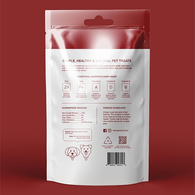 Skona PetFood Beef Heart Jerky Dog & Cat Treats, Single-Ingredient, High Protein Training Snacks, Natural, Grain-Free, USA Made, Rich in Taurine, Supports Digestion & Dental Health, 4oz