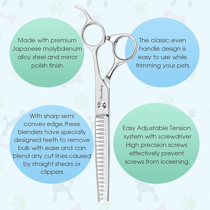 Dog Cat Scissors for Grooming, Pet Shears for Thick Coats and Matted Hair, Thinner Curved Straight Chunker Stainless Steel Shears (7.0" Chunker Silver)