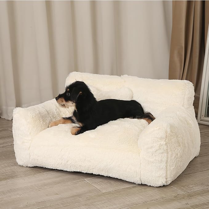 Fluffy Cat Couch, Small Dog Bed with Bone Shaped Pillow, Anti-Anxiety Pet Bed with Washable Cover, Cream