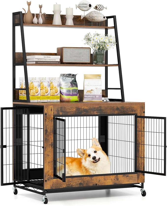 Giantex 38" Dog Crate Furniture with Storage Shelves, Wooden Dog Kennel End Table with Flip Top, 3 Doors, Wheels & Pull-Out Tray, Chew-Resistant Indoor Pet Crate House for Large Dogs, Rustic Brown
