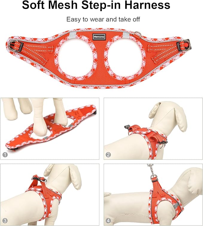 Mercano Soft Mesh Dog Harness and Leash Set, No-Chock Step-in Reflective Breathable Lightweight Easy Walk Vest Harnesses with Safety Buckle for Small Dogs, Cats (Tangerine, L)