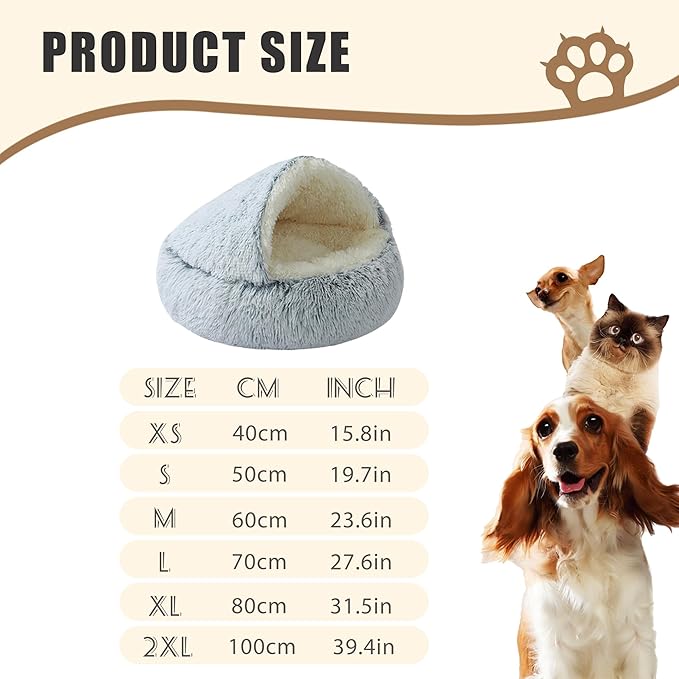 Round Plush Hooded Cat Bed, Cozy Nest Dog Beds, Cats Bed Calming Puppy Doughnut Beds with Cover Cave, Anti-Slip Bottom Washable Pets Sleeping Bag (Grey, S, 19.7×19.7Inch)