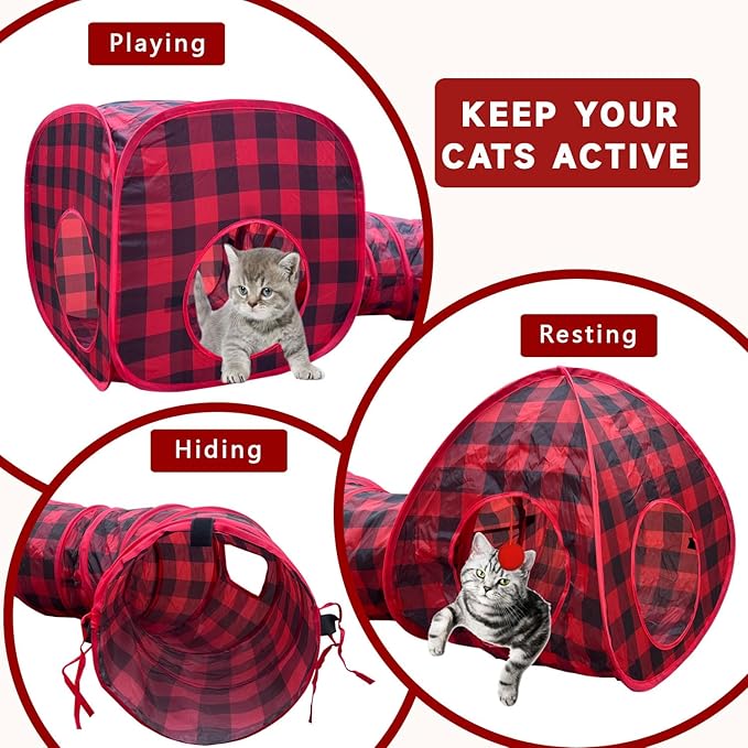 Cat Tunnels for Indoor Cats with Cube Tent Toys Combo, Interactive Collapsible Tent for Hiding Hunting and Resting, Pet Tube with Toy Bell for Kitten, Rabbit, Puppy, Ferret - Set of 3