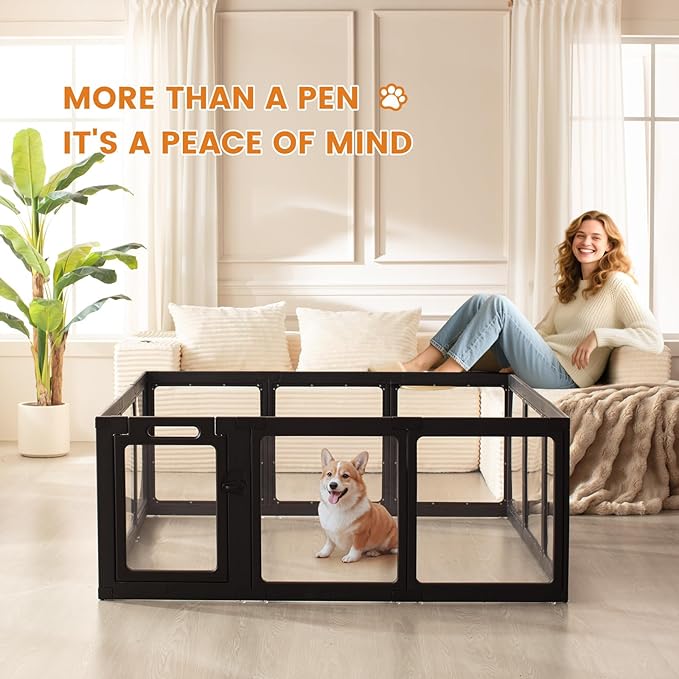 Clear Acrylic Dog Playpen Indoor, Puppy Cat Small Pet Play Pen, Pet Cat Foldable Playpen for Rabbits, Dog Fence Crate Kennel Whelping Cage (Black, 8 Panel)