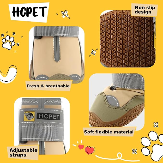 Hcpet Dog Shoes for Large Dogs, Waterproof Dog Booties for Small Medium Dogs, Anti-Slip Dog Boots & Paw Protectors for Hot Pavement Winter Snow Hiking with Reflective Straps Khaki Size 6