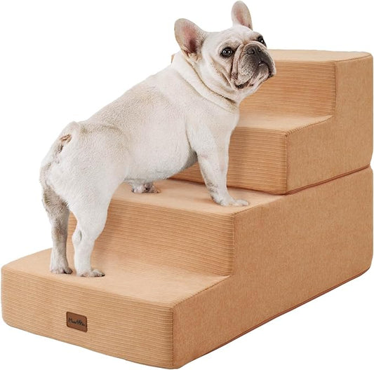 Made4Pets Dog Steps for Bed, Extra Wide Dog Stairs for High Bed Couch Sofa, 35D Foam Pet Steps for Small Dogs and Cats(Up to 40lbs), Non-Slip Bottom Pet Stairs, Tan, 4 Steps