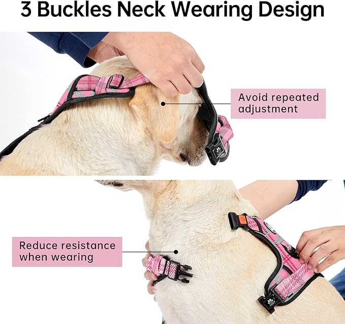 IVY&LANE No Pull Dog Harness with Leash Set, Reflective No Choke Pet Vest,Adjustable Oxford Dog Vest Harness with Easy Control Handle for Large Dogs (Checkered Pink,L)