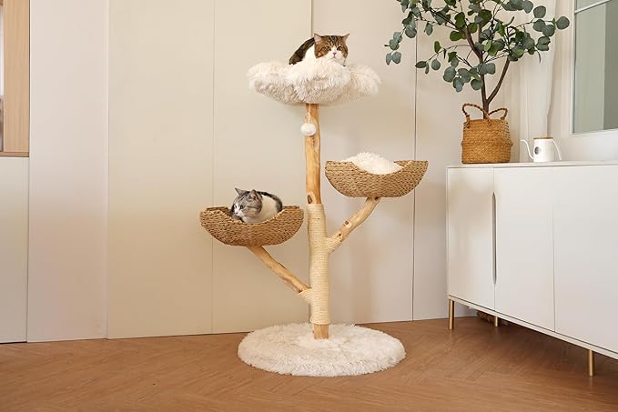 Modern Cat Tree Tower, 45” Wooden Cat Tree for Indoor Cats Large Adult, Real Solid Luxury Cat Condo with Scratching Post for Multi-Cat Households