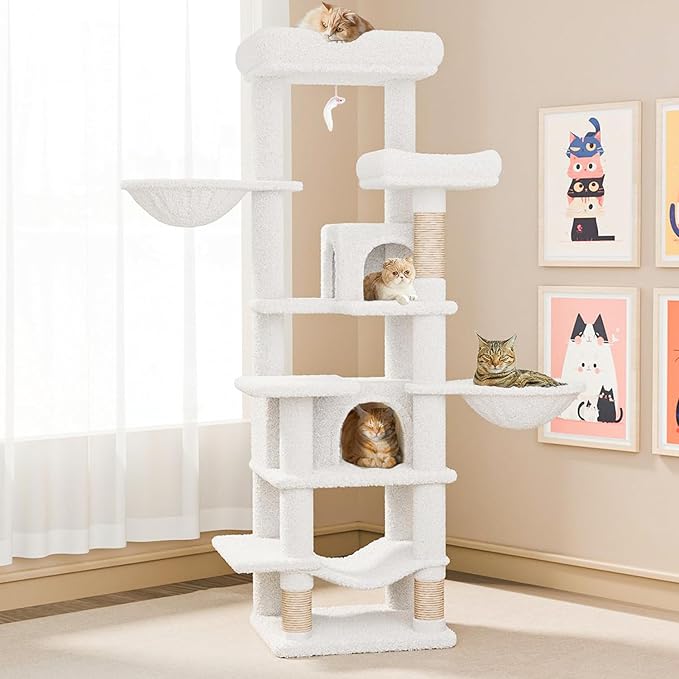 68 Inches Multi-Level Large and Tall Cat Tree Tower for Indoor Cats/Removable Pad/Cat Condo/Sisal Scratching Posts/Hammock/Cat Activity Center/Wide Base