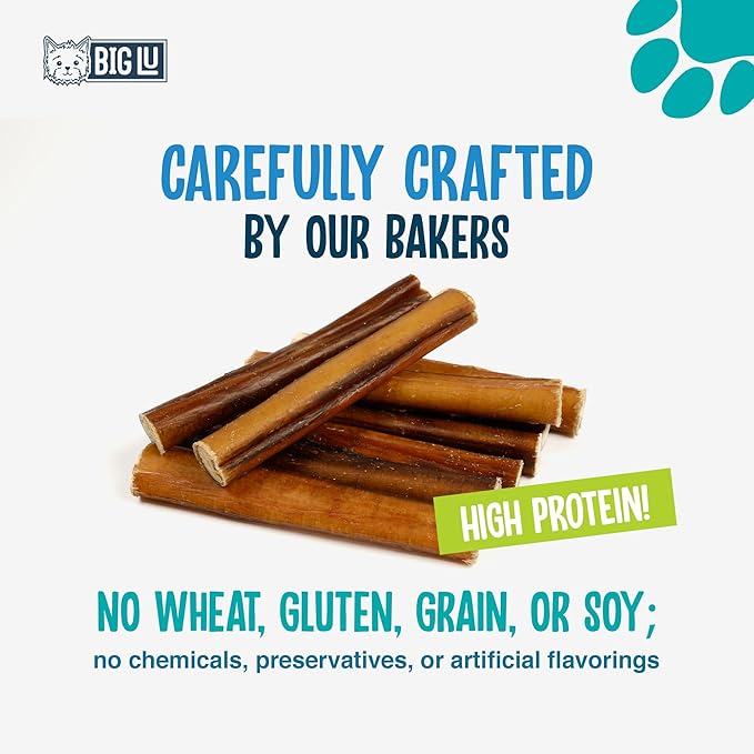 Big Lu - 6” Jumbo Bully Sticks, 10 Count, 100% Grass-Fed Beef Chews, Fully Digestible, Long-Lasting Treats for Aggressive Chewers, Natural Single-Ingredient Chews for Puppies and Small Dogs