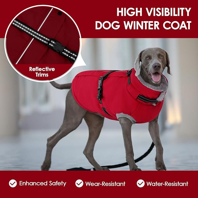 AOFITEE Dog Coat, Warm Dog Jacket Winter, Waterproof Dogs Winter Coat with Harness & Zipper, Reflective Turtleneck Fleece Pet Puffer Jacket Snowsuit for Jack Russel, Boston Terrier, Christmas Red M