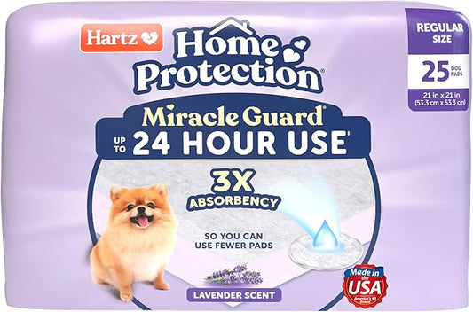 New! Hartz Home Protection Miracle Guard Lavender Scented Dog Pads, Regular Size 25 Count, 24 Hour Use, Won't Leak and Odor Eliminating
