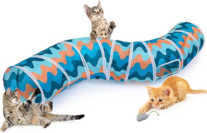 Glittme Cat Tunnel, S-Shape Peekaboo, Foldable Cat Cave with Toys, Tubes & Tunnels for Cats, Rabbits, Guinea Pigs, Dogs, Multiple Colors