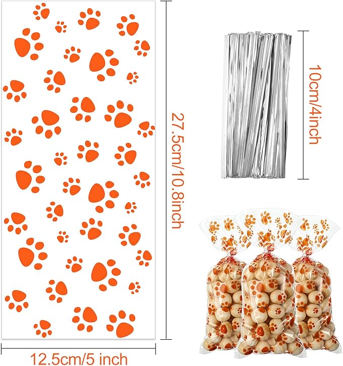Blulu 100 Pieces Dog Treat Bags Puppy Party Favor Pet Paw Cone Cellophane Bags Candy Heat SealableDog Paw Gift with 100 Pieces Silver Twist Ties for Pet Cat Treat Party Favor(Orange)
