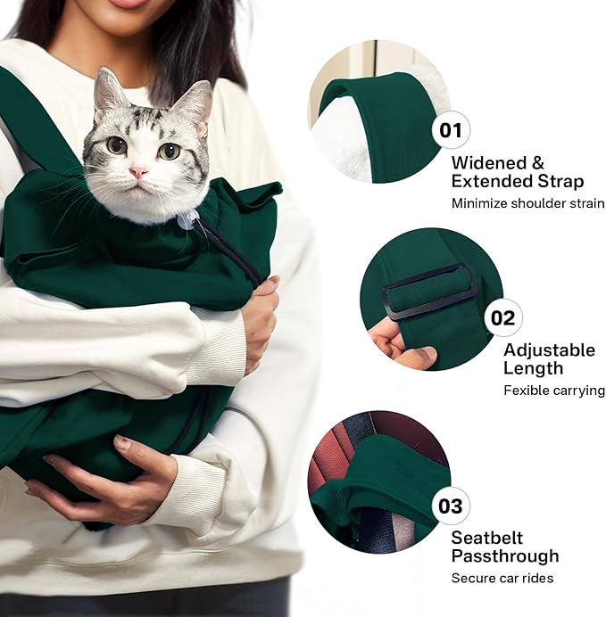 [Cozy Travel] Cat Carrier Pouch, Soft Cat Carrier for Small Cats, Kitten Carrying Bag, Restraint Bag for Nail Trimming, Vet Visits, Giving Meds, Car Travel -Dark Green