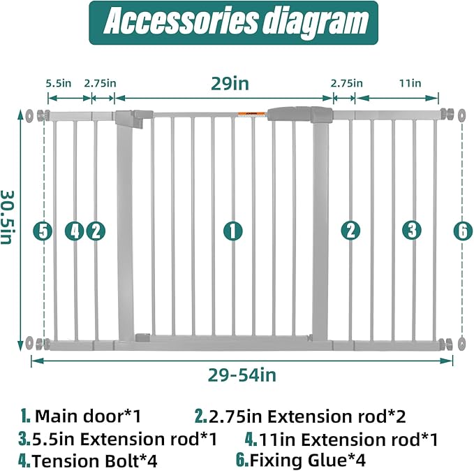 29-54" Dog Gates for Doorways No Drilling, Pet Gate Indoor, 30" Tall Metal Walk-Thru Gate, Easy One-Hand Open, Extensions & Wall Mounts Included (White, 54" W x 30.5“H)